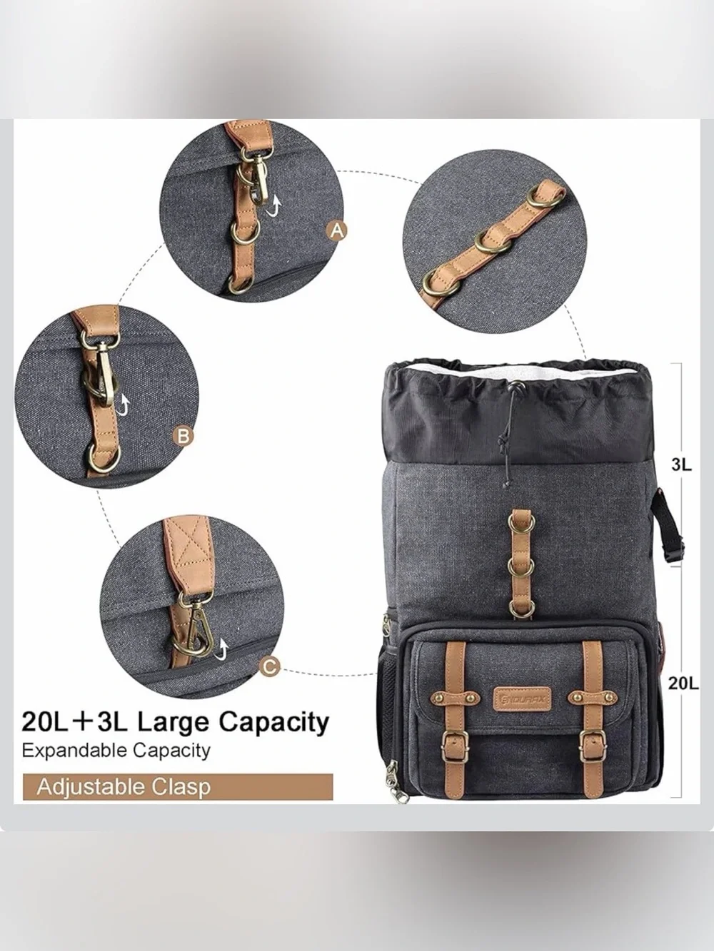 Endurax Leather Strap Camera Backpack Bag Waterproof Waxed Canvas - Dark Gray